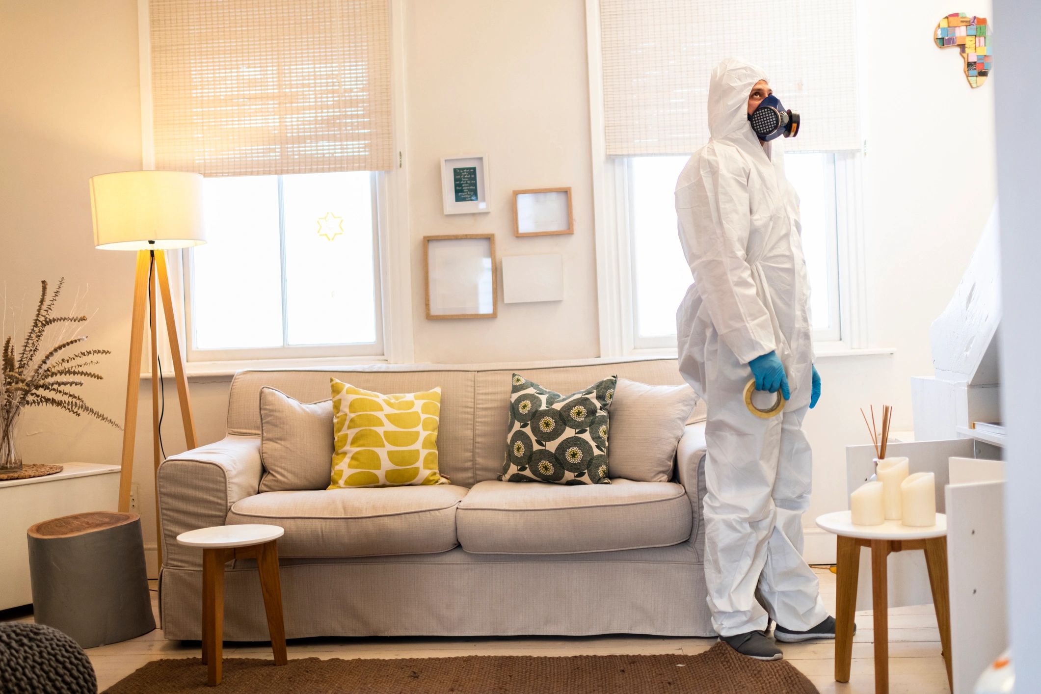 Technician in PPE standing inside a home during a remediation project